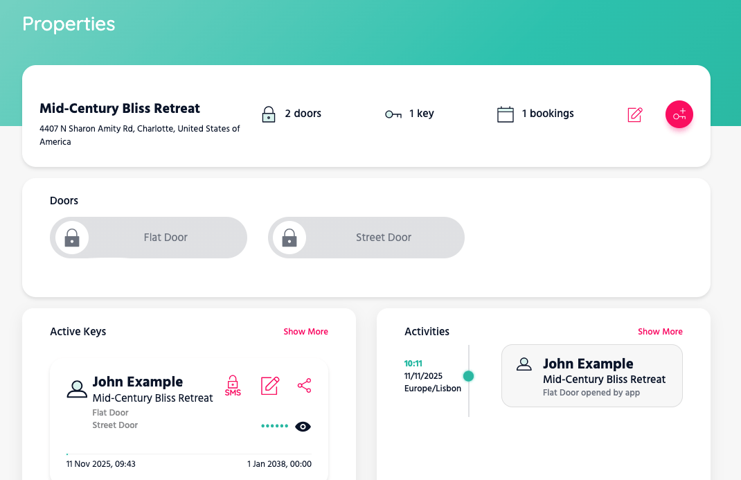 The Homeit Dashboard has a section to open doors and also presents the Active Keys in the system and past Activities.